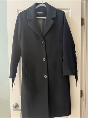 NWOT worn once.. Kenneth Cole Black Fringe-Trim Wool Blend Coat